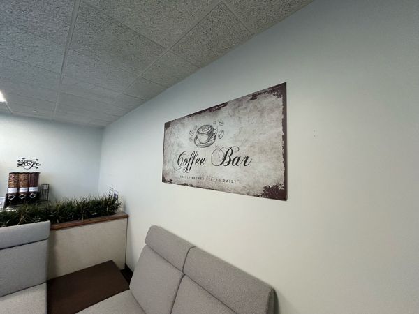 We're thrilled To introduce Our Latest Project: Sleek, Flat Metal Coffee Bar Signs For The Allstate Regional Offices In Irving, TX